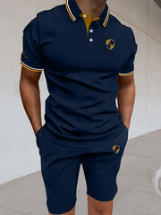 Men'S Polo Shirt Fashion Casual Set Pique Mesh Letter Pattern Top And Bottom