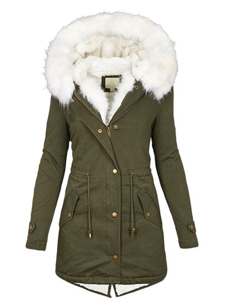 Women's European/American Style Winter Parka Jacket with Collar & Waist-Cinching  - Beige Coat, -Tone Zippers, Pockets - Machine Washable Cold Weather Outerwear (Casual to Formal)