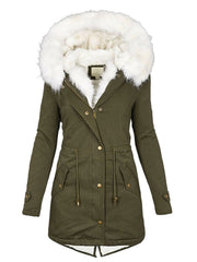 Women's European/American Style Winter Parka Jacket with Collar & Waist-Cinching  - Beige Coat, -Tone Zippers, Pockets - Machine Washable Cold Weather Outerwear (Casual to Formal)