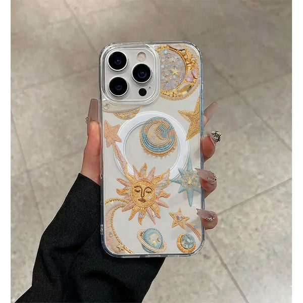 Phone Case: Sun Moon Star Embroidery Print Transparent Magnetic Acrylic Phone Case Easy Charging Compatible with iPhone 11 12 13 14 15 16 17 Pro Max Plus Air
