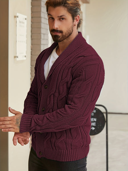 Men'S Solid Cable Knit Cardigan Fall Winter Button-Up Knit Coat