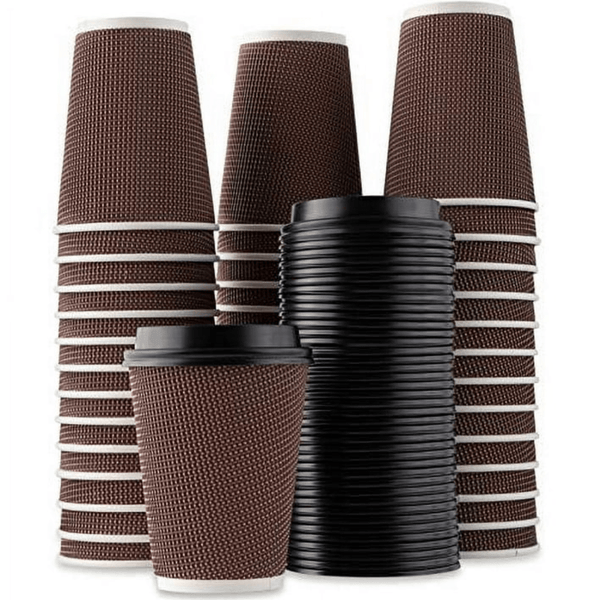 VIP Brown Ripple Wall Paper Disposable Cups with Black Lid - Pack of 100, Available Sizes: 8oz & 12oz - Perfect for Hot & Cold Beverages