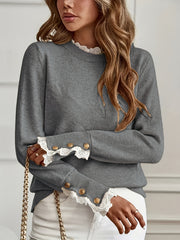 Ladies' Pullover with Lace Trim at The Cuffs And Neckline, a Casual And Elegant Sweater Top