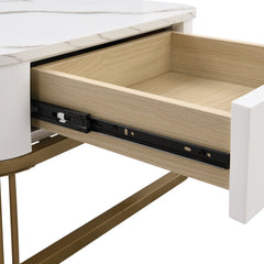 Modern Pedestal Base Space Saving Coffee Table Set of Two, Engineered Wood and Artificial Board Construction, Hardwood, Black Finish, High Gloss Stone Table Top, Metal Golden Accents, with Drawer, Without Electricity, Battery Free.