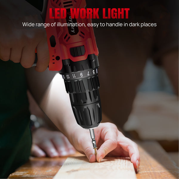 Cordless Drill Driver 21V, Electric Drill Kit with LI-ion Battery, Cordless Combi Screwdriver 25+1 Torque, 45N.m Max, 32pcs Accessory, 2 Variable Speed, LED Light for Home and Garden DIY Project 3/8