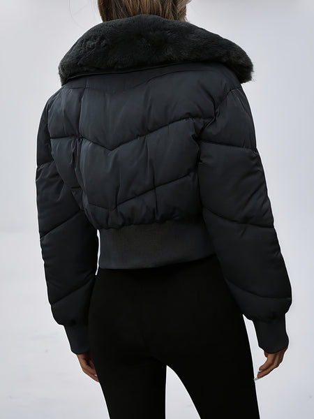 Winter Women's Short Cropped Puffer Jacket with Thickened Winter Coat - Elegant Long-Sleeve Zippered Outerwear, Lined Collar & Waist Pockets, Machine Washable for Casual Winter Wear, Everyday Outfits & Light Outdoor