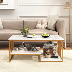 GOFLAME Faux Marble Coffee Table Rectangular 2-Tier Center Table w/ Shelf-White
