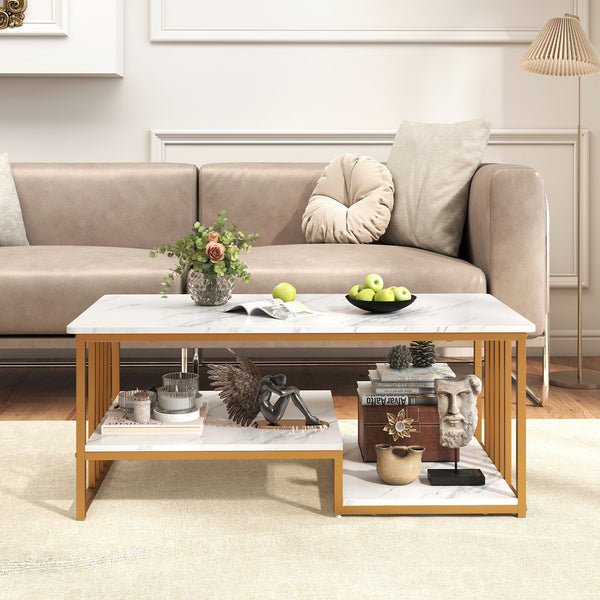 GOFLAME Faux Marble Coffee Table Rectangular 2-Tier Center Table w/ Shelf-White