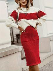Chic Women's Ribbed Two-Piece Set: Color Block Sweater& Midi Skirt- Comfortable, Shaping Casual Wear for Fashion-Forward Ladies