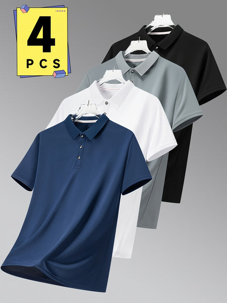 4pcs Set Men'S Summer Short Sleeve Polo Shirts, Solid Color Design, Regular Sleeve, Summer New Style, Casual Fashion, Breathable, Lapel Design, Pullover, Weekend Casual Wear, 140 Gsm Fabric Weight