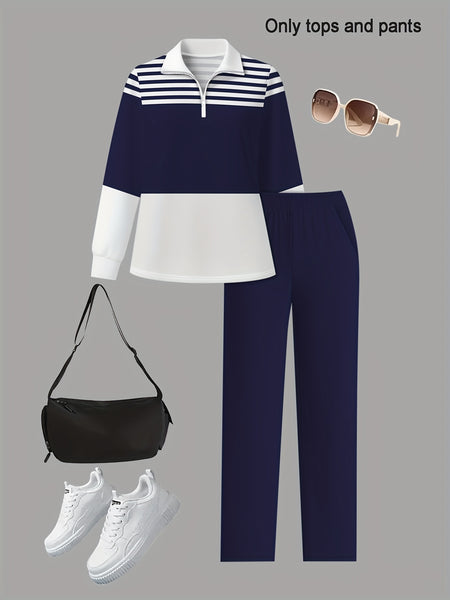 Women's 2pcs Suit Set - Striped Half-Pallet Pullover Top & Solid Color Pants with Zipper Closure, High-Elasticity Straight Leg Pants, Loose Fit for Commuting, Office & Daily Wear - All-Season Professional Attire (2pcs Matching Set)