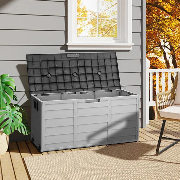 290L Lockable Waterproof Storage Box – Heavy-Duty Outdoor Deck Chest with Wheels Garden & Patio Recycling Bin Organizer for Tools, Cushions (112*49*54cm)
