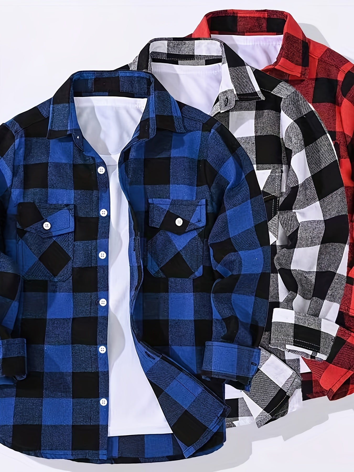 3 Men'S Plaid Shirt Top Lapel Long Sleeve Closure Men'S Casual Shirt Suitable for Men'S Daily Holiday Street Wear Casual Plaid Shirt Four Seasons Fashion Comfortable Fit Red, Blue And Black 3-Color Combination Pc Button Collar Chest Pocket