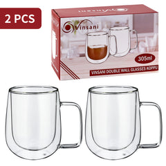 Vinsani Double Walled Coffee Drink Glasses Tea Cup Mug Heat Cold Resistant Aesthetic Clear Borosilicate Glass with Handle Cappuccino Latte Tea Dessert Hot and Cold Drinks