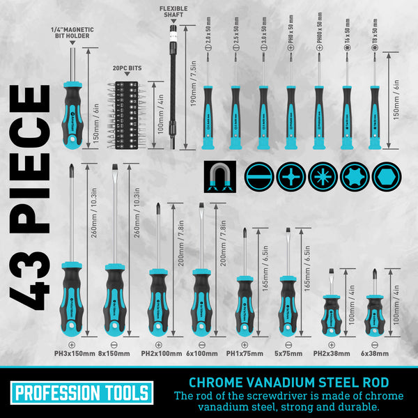 Amartisan 43pcs Magnetic Screwdriver Set with Case, Chrome Vanadium Steel, Includes Slotted, Phillips, Hex, Pozidriv, Torx & Precision Screwdrivers, Magnetizer/Demagnetizer, Flexible Shaft for Home Repair, DIY & Professional Use