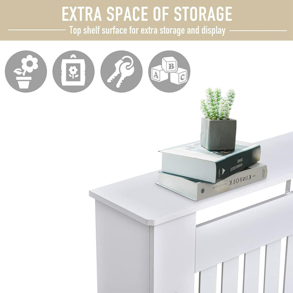 Radiator Cover Cabinet Large Small Wooden Radiator Cover, White Wood Painted MDF Cabinet Heater Cover Cabinet, Slats, Grill, Wood Top Shelf Easy Assembly for Living Room, Hallway, Bedroom Decoration