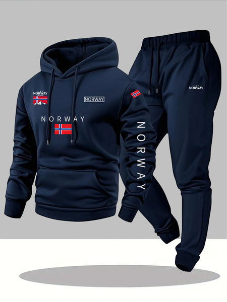 2pcs Cartoon NORWAY Letter Drawstring Hoodie and Sports Trousers Set | Casual Hooded, Slight Stretch Fabric, Patterned, Loose Fit for Men, Ideal for Fall/Winter