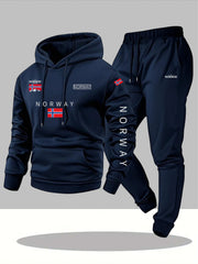 2pcs Cartoon NORWAY Letter Drawstring Hoodie and Sports Trousers Set | Casual Hooded, Slight Stretch Fabric, Patterned, Loose Fit for Men, Ideal for Fall/Winter