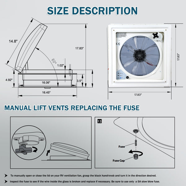 10 - Speed 12V RV Roof Vent Fan - Reversible, Rain Sensor, Ultra - Low Noise, Remote & Temp Monitoring