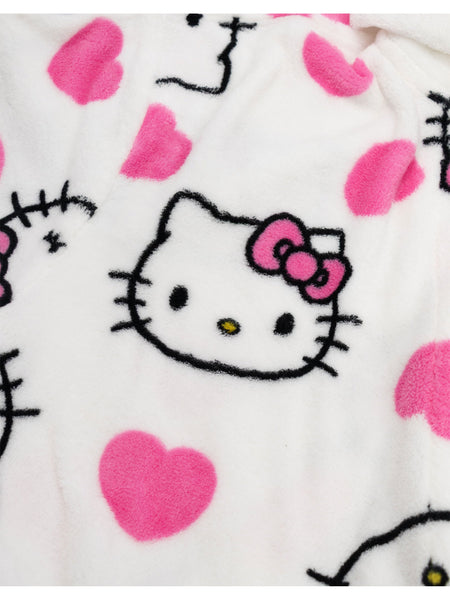 Hello Kitty Womens White Hooded Bathrobe | Cosy Fleece Loungewear with Pink Accents & Long Sleeves | Cartoon Character Design | Perfect for Relaxing Days | Hello Kitty Merch - Medium