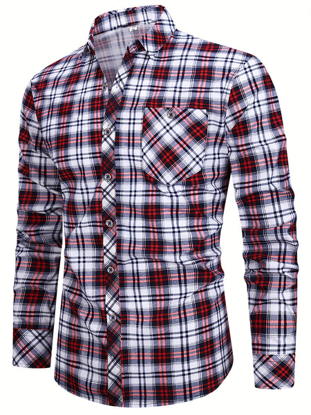 2pcs Set of Long-Sleeved Men'S Shirts, Autumn Men'S Clothing, Plaid Button- Shirts