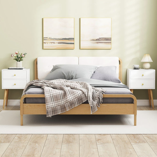 GYMAX Nightstand, Mid-century Modern Bedside Table with 2 Drawers, End Table with Solid Wood Support Legs for Small Spaces, Versatile in Living Room Bedroom, White