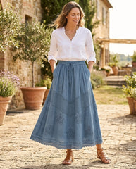 Women'S Indian Boho Maxi Skirt, Embroidered Drawstring Tiered Skirt 18654
