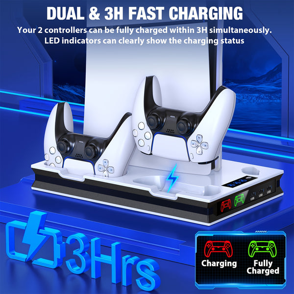 Compatible for PS5/PS5 Slim/PS5 Pro Cooling Stand with Charging Station, 3-Speed Quiet Cooling Fan, 4-Port USB-C Charger & Headphone Hook - for PS5 Console (Disc & Digital)