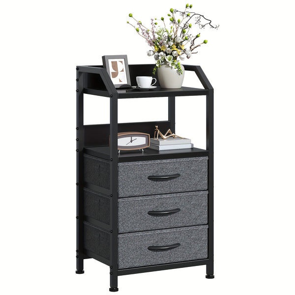 Modern Black Fabric Drawer Nightstand with Open Shelves - Engineered Wood & Metal Frame, 3 Drawers & Open Shelf, Compact 68.58cm Height, 3, 2 Cu Ft Storage, Easy Assembly for Bedroom, Living Room, Dorm, Office, Bedroom Storage, Contemporary Design, Sturdy