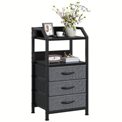 Modern Black Fabric Drawer Nightstand with Open Shelves - Engineered Wood & Metal Frame, 3 Drawers & Open Shelf, Compact 68.58cm Height, 3, 2 Cu Ft Storage, Easy Assembly for Bedroom, Living Room, Dorm, Office, Bedroom Storage, Contemporary Design, Sturdy