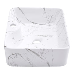 Marble Effect Countertop Sink, Bathroom Basin Sink Vanity Vessel White Ceramic Countertop Rectangular Hand Wash Bowl, Large Bathroom Counter Top Ceramic Wash Basin Cloakroom Sink With Pop-up Waste Drainer Gloss White 480x370x135mm (Tap Not Included)