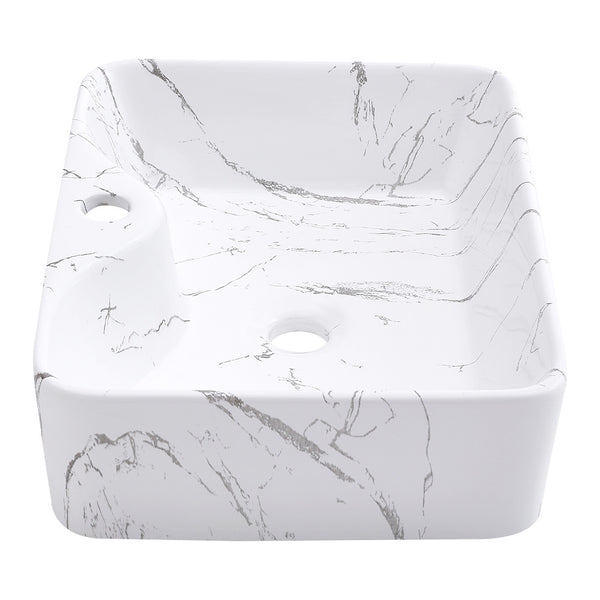 Rectangle Vessel Sink with Faucet Hole, Marble Effect Ceramic Countertop Bathroom Washbasin, Cloakroom Vanity Surface Mounted Ceramic Sink Vessel Washbasin with Pop Up Waste Drainer, Large Basin Sink for Lavatory, Bathroom, Vanity Unit, White Gloss, 480x3