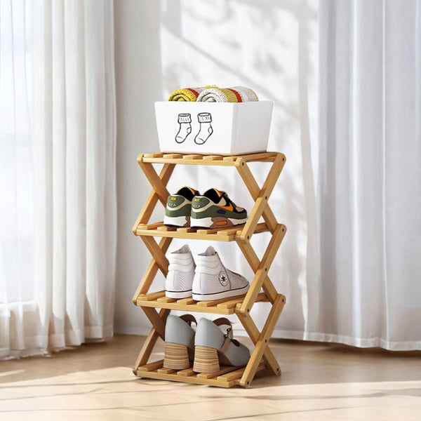 4/5/6/7 Tiers Bamboo Wooden Shoe Rack, Vertical Shoe Racks Storage Shelves Tall Shoe Tower, Collapsible Narrow Shoe Stand, Installation Free Folding X-Shape Shoe Racks Sneakers Slippers Holder Organizer, Multi Functional Shoe Rack Durable Footwear Cabinet
