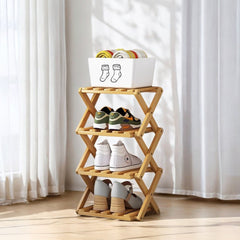 4/5/6/7 Tiers Bamboo Wooden Shoe Rack, Vertical Shoe Racks Storage Shelves Tall Shoe Tower, Collapsible Narrow Shoe Stand, Installation Free Folding X-Shape Shoe Racks Sneakers Slippers Holder Organizer, Multi Functional Shoe Rack Durable Footwear Cabinet