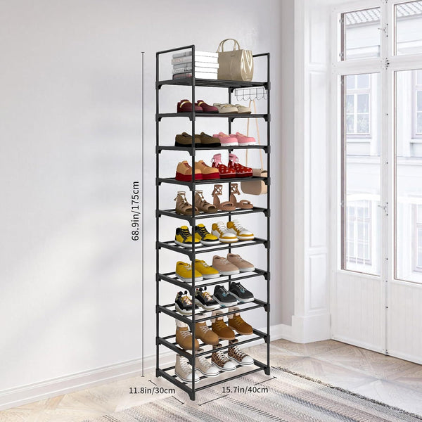 Shoe Rack 10 Tiers Shoe Storage Organiser, Sturdy Space-saving Shelf Tall Shoe Racks, Up to 20-25 Pairs Narrow Shoes Rack Stand for Dress Bedroom, Bathroom, Hallway, Outdoor, 30D x 40W x 175H cm,Black