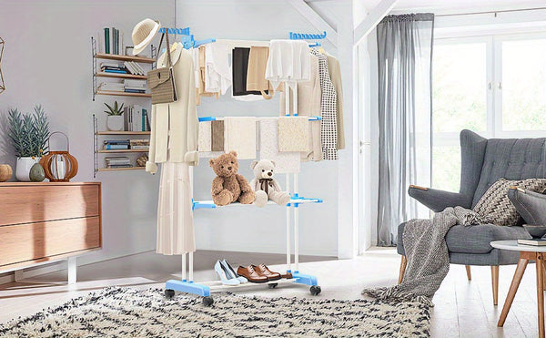 Extra Large 4-Tier Freestanding Metal Clothes Drying Rack, Adjustable Rolling Garment Dryer Stand with Wheels, Foldable Design for Indoor/Outdoor Laundry Room, Drying Racks