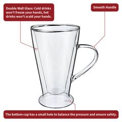 Vinsani Double Walled Coffee Drink Glasses Tea Cup Mug Heat Cold Resistant Aesthetic Clear Borosilicate Glass with Handle Cappuccino Latte Tea Dessert Hot and Cold Drinks
