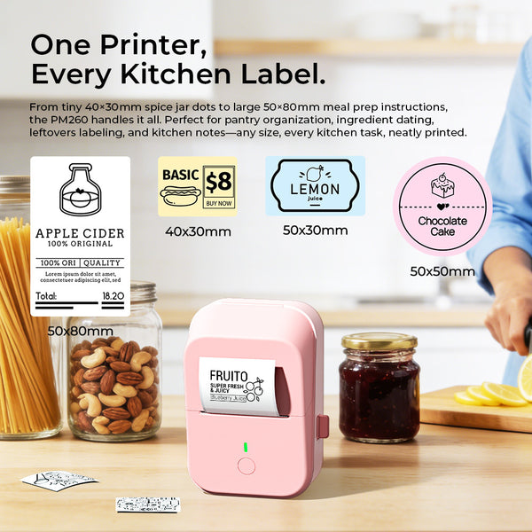 PM260B Portable Wireless Thermal Label Maker - 203DPI HD Printing, 1200mAh Long Battery, Auto-Calibration, Compatible with Mobile & Computer Systems, for Home Storage / Office Organization / Personal Item Sorting (Labels Included)