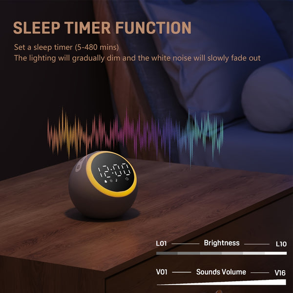 White Noise Sound Machine - With Nightlight & Alarm Clock - 25 Soothing Sounds, 16 Levels Adjustable Volume, Timer Therapy, Sleep Aid - Ideal For Sleep, Relaxation, Focus, Dimmable Night Light Alarm Clock For Bedroom