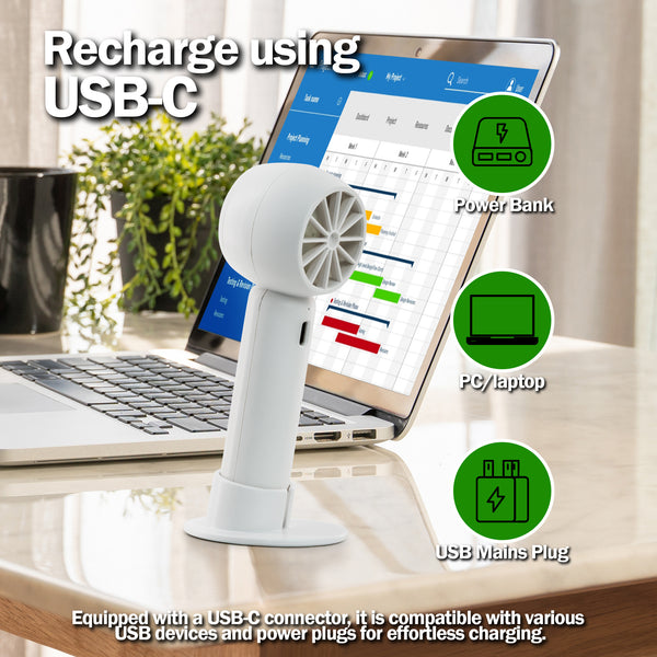 TANNESS 3 Speeds Handheld Fan - Rechargeable, Portable, Foldable With Detachable Base | USB Mini Hand Fan for Table, Desk - Quiet Standing Fan