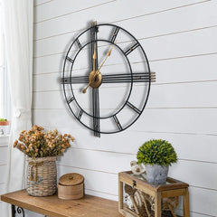 60cm Extra Large Retro Metal Skeleton Wall Clock, Outdoor Garden Clock, European-Style Creative Wrought Iron Round Wall Clock Roman Numerals Silent Non Ticking Unique Unusual Clock, Perfect for Living Room, Bedroom, Kitchen, Garden, Lounge, Hotel, Office