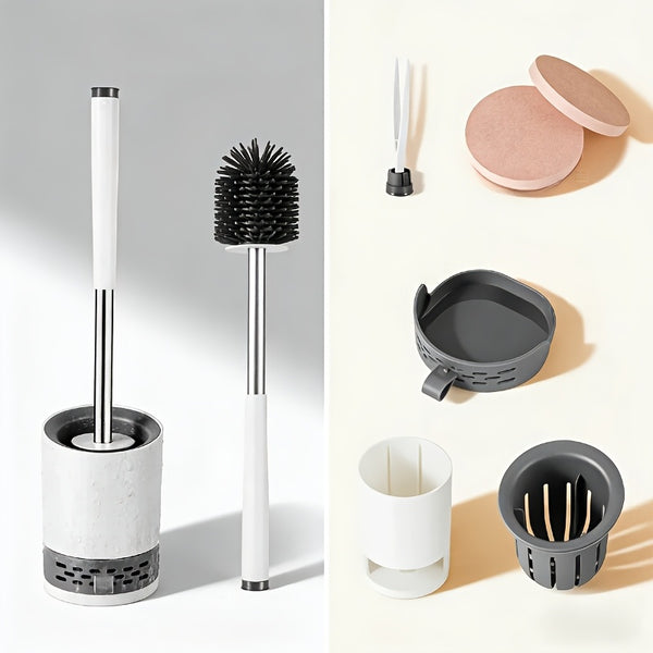 Soft Bristle Toilet Brush Bracket Set, Round Bathroom Toilet Cleaning Brush, Modern Design Deep Cleaning Toilet Brush, Sturdy Long Handle, Quick-drying Toilet Brush Set, White