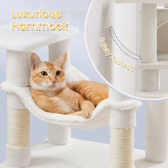 112 cm Cat Tree, Multi-Level Soft Plush Cat Tree, Cat Tower Condo with 4 Cat Scratching Posts, Hammock, Cave, Platform, Toys, Pink/White/Beige/Grey, Easy Assembly and Sturdy, Indoor Cat Furniture