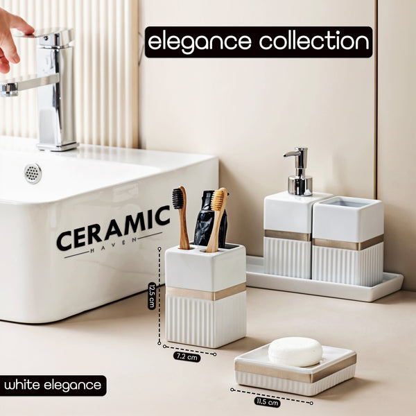 Ceramic Haven Elegance Collection | Set of 5 Luxury Bathroom Accessories | Soap Dispenser, Toothbrush Holder, Multipurpose Holder, Tumbler, Vanity Tray | Stylish Décor & Organizer