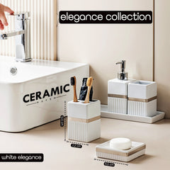 Ceramic Haven Elegance Collection | Set of 5 Luxury Bathroom Accessories | Soap Dispenser, Toothbrush Holder, Multipurpose Holder, Tumbler, Vanity Tray | Stylish Décor & Organizer