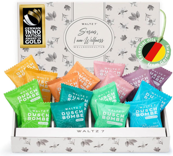 WALTZ 7 Shower Steamers Set, 16 Pieces, 8 Scents, European Quality, Aromatherapy, Unique Spa Stress Relief, Pamper Gift for Women, Men, Birthday, Mum, Advent Calendar Stocking Fillers