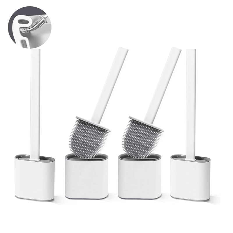 2pcs Toilet Brush, 2 Pack Bathroom Silicone Toilet Brushes and Holder Sets Flat Toilet Brush with Long Handle, Quick Drying Loo Brush and Holder for Bathroom, Base Flooring/Wall Mounted, White
