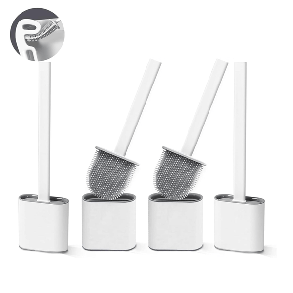 2pcs Toilet Brush, 2 Pack Bathroom Silicone Toilet Brushes and Holder Sets Flat Toilet Brush with Long Handle, Quick Drying Loo Brush and Holder for Bathroom, Base Flooring/Wall Mounted, White