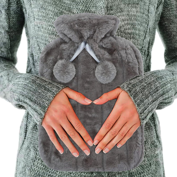 Hot Water Bottle, Large 2L Natural Rubber Hot Water Bottle, Soft Breathable Fabric, Winter Warmth for Men & Women with Warm Faux Fur Fleece Knitted Cover (Charcoal Grey)