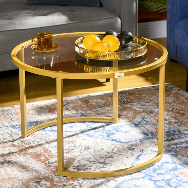 Glass Coffee Table Set of 2, Round Nest of Tables with Tempered Glass Tabletop and Steel Frame, Modern Side Tables for Living Room, Black
